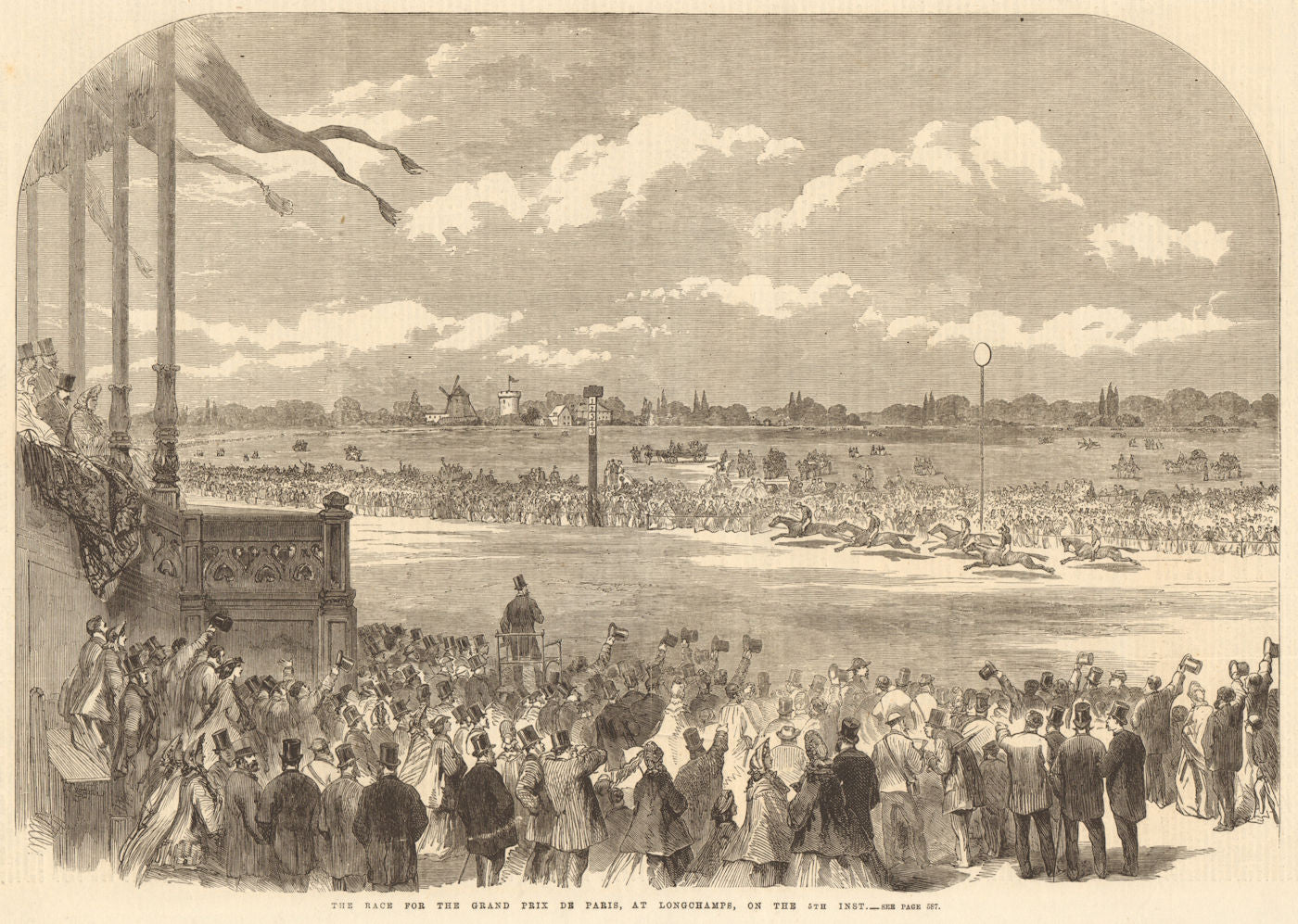The race for the Grand Prix de Paris, at Longchamps. Racing 1864 old print
